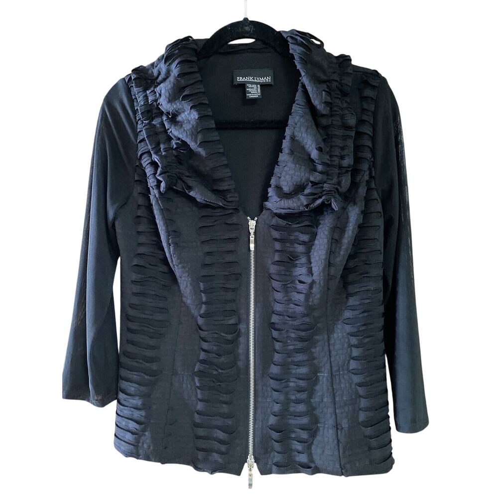 Frank Lyman Design Women’s Jacket Sz 10 Full Zip Ruffle Cutout Sheer Sleeve